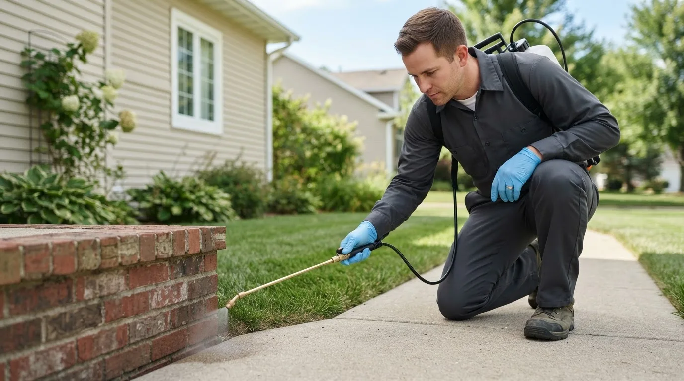 Pest control technician treating a home near Portia, AR